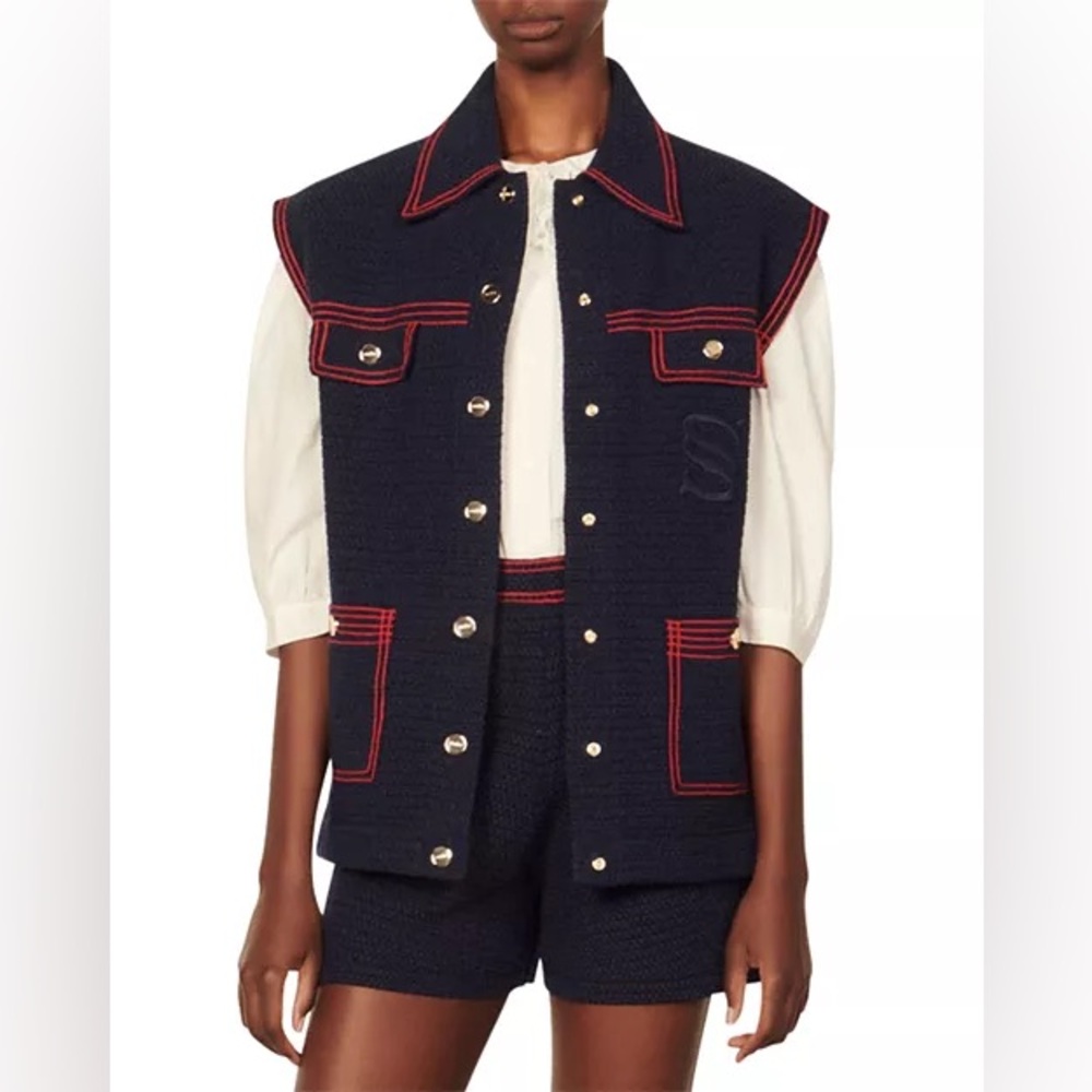 Sandro Clovis Cardigan (Navy Vest with Red Accents)